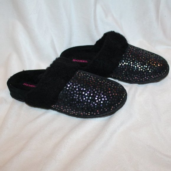 NIB‎ WOMEN'S SOREL METALLIC FUR SLIP ON SLIPPERS BLACK - Picture 6 of 8